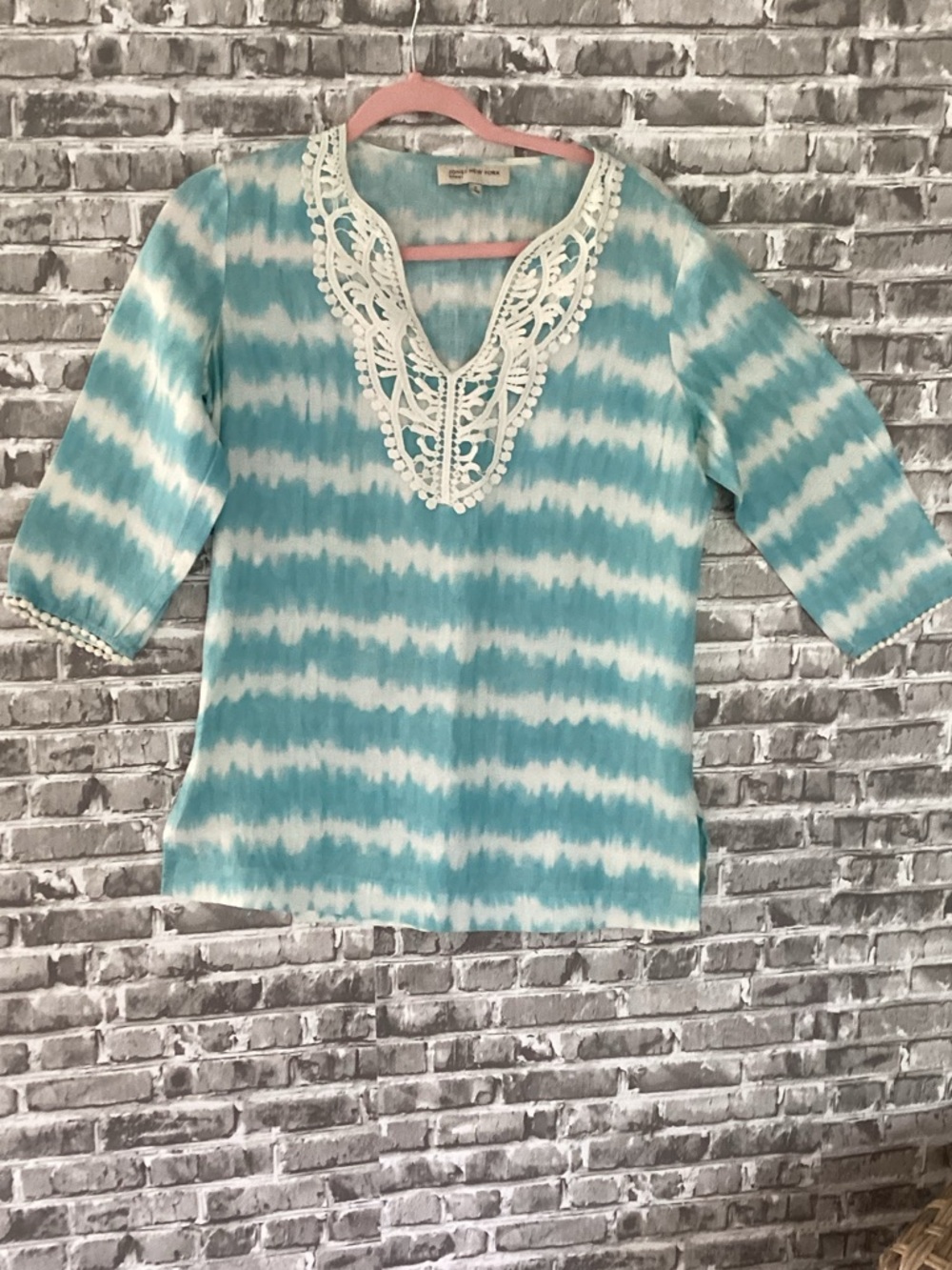 Jones New York Linen Boho Ikat Tunic, Womens S, Turquoise and White, Lace Trim